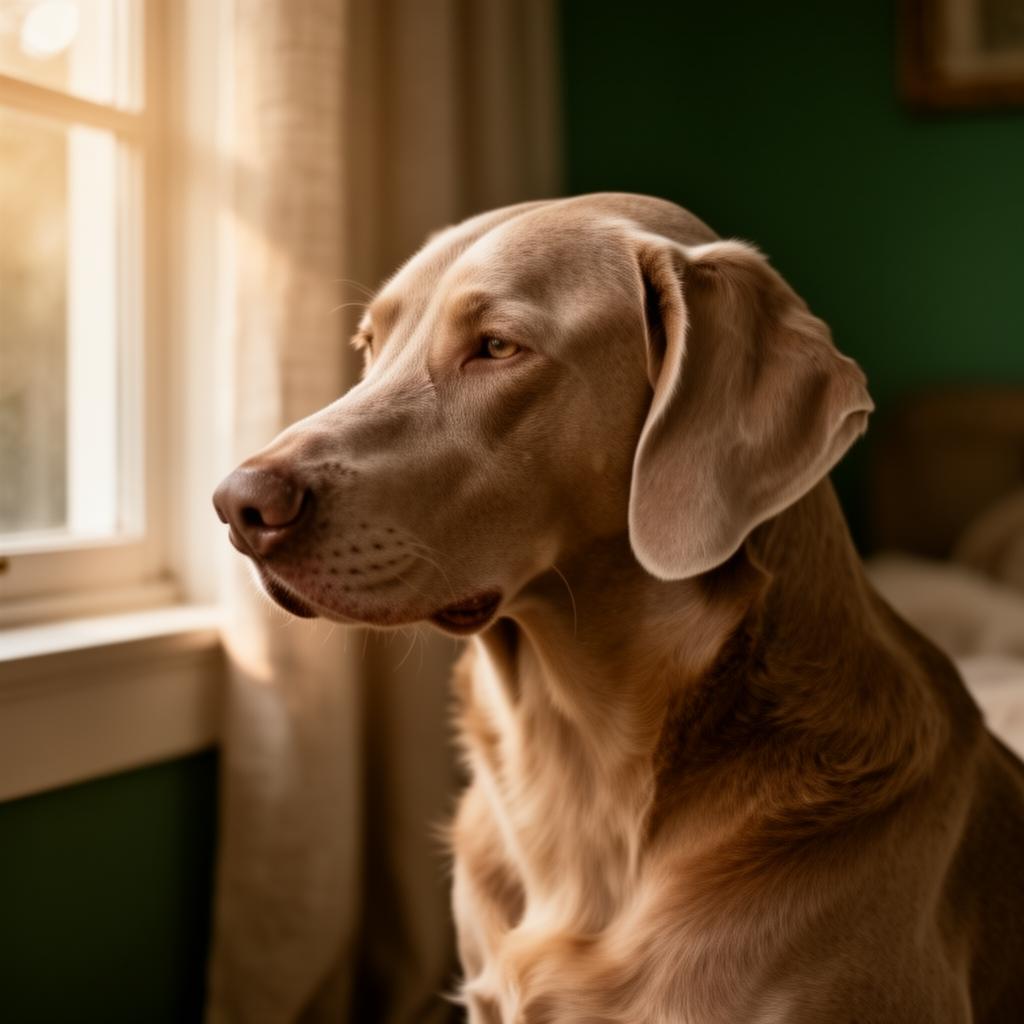 Perro descansando en luz cálida junto a la ventana