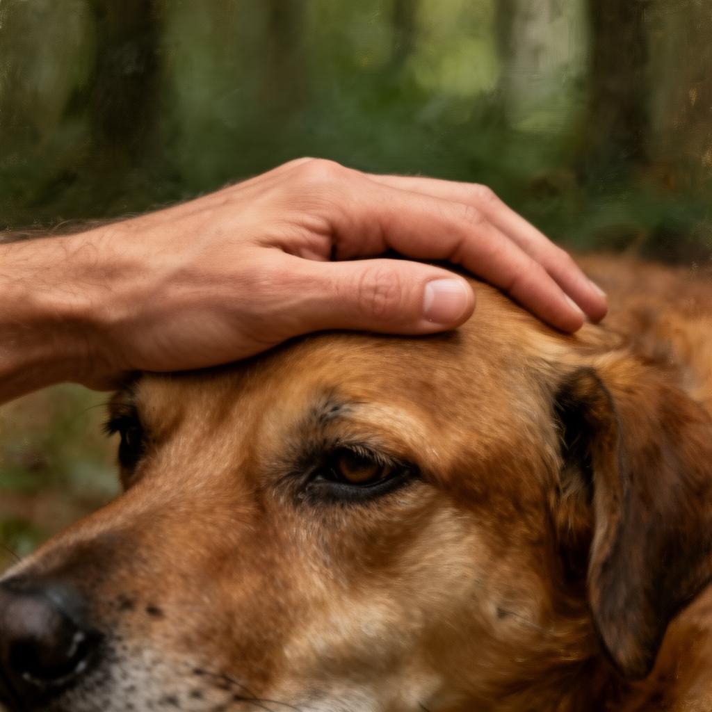 Mano acariciando con ternura la cabeza de un perro